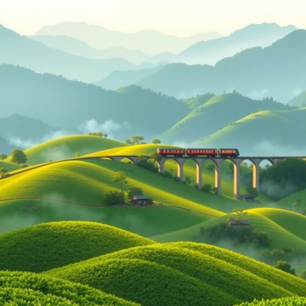 Illustration of the Araku Valley: green coffee plantations on rolling hills, misty blue mountains, and a train crossing a stone viaduct