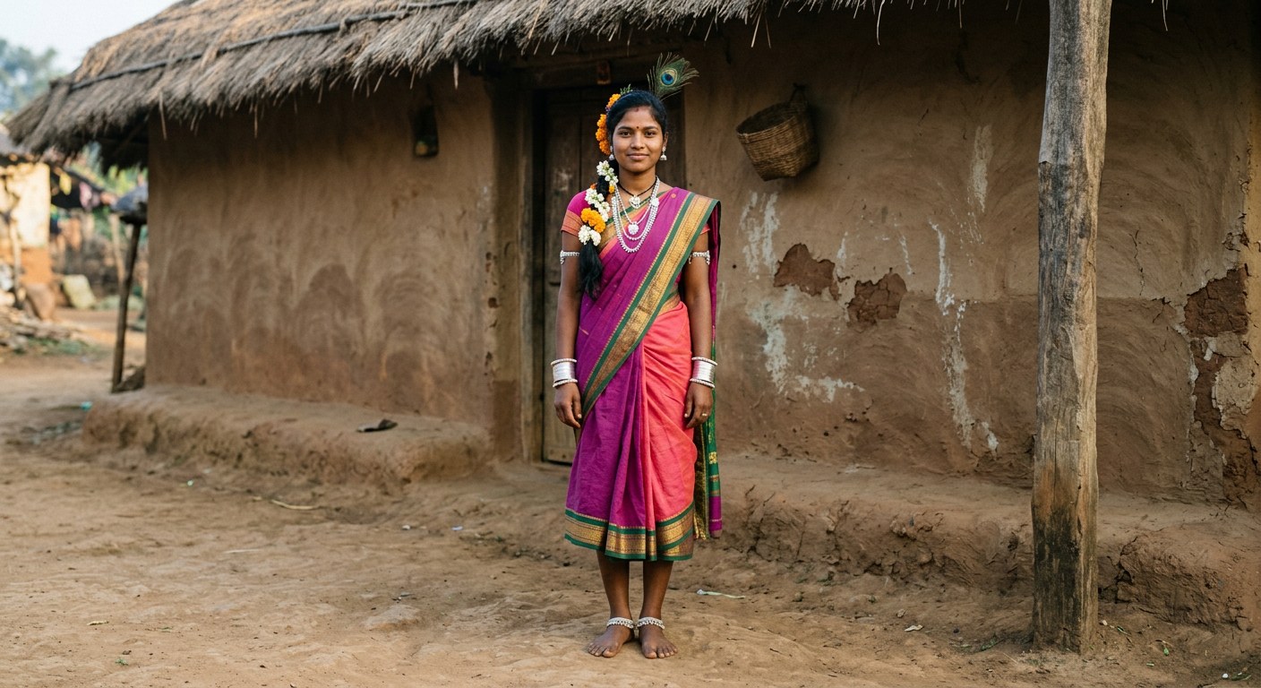 A dancer in a pink sari with green border, layered silver jewellery, marigold flowers and a peacock feather in her hair, standing barefoot by a mud-plastered village house