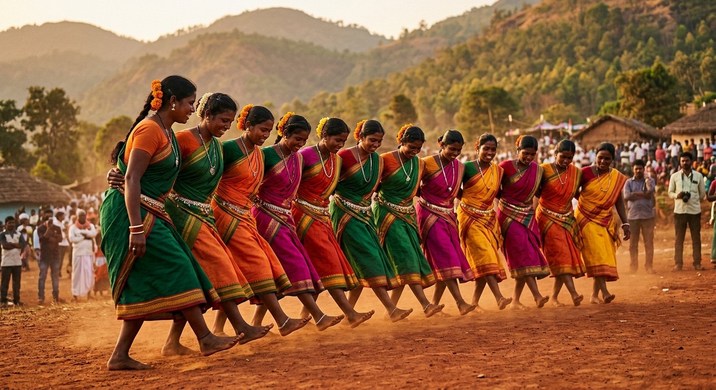A chain of women in bright saris dancing Dhimsa in unison, arms linked around each other's waists, barefoot on red earth, with village crowd and green hills behind