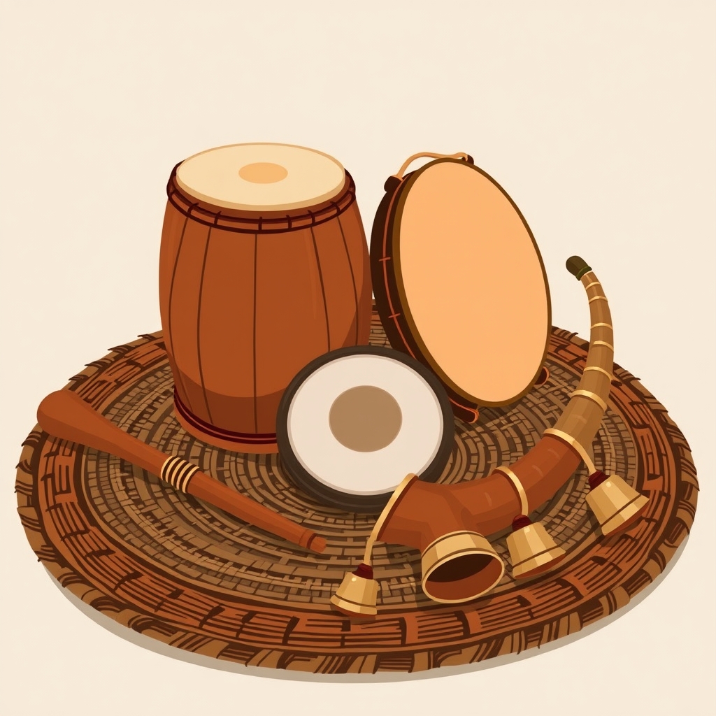 Illustration of tribal instruments on a woven mat: a barrel drum, a flat frame drum, a curved horn and small bells